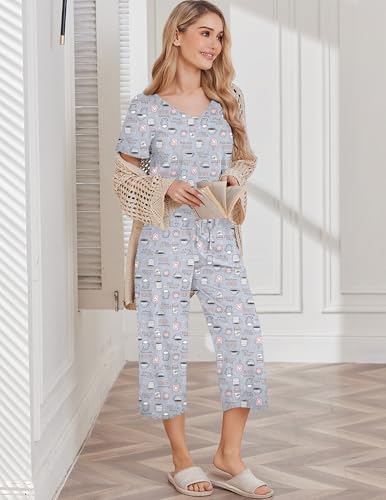 Womens Pajama Sets Soft Cotton Pj Short Sleeve Top with Capri Pants Sleepwear 2 Piece Print Loungewear,S-XXL