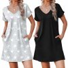 Womens 2 Pack Nightgown V Neck Sleepshirt Short Sleeve Nightshirt Soft Sleep Dress with Pockets