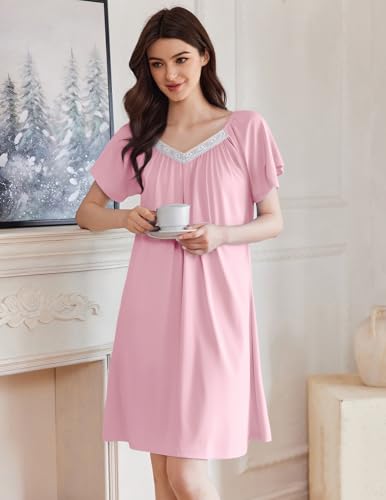 Womens Nightgown Lace Trim V Neck Sleep Shirt Flare Short Sleeve Night Gown Pleated Nightshirt Ladies Nightdress
