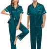 Couple Pajama Sets Silk Satin Sleepwear Short Sleeve and Long Pants Pjs Set Soft Loungewear Classic Pajamas