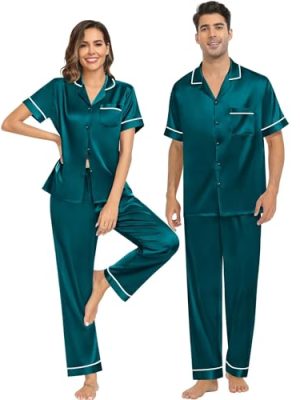 Couple Pajama Sets Silk Satin Sleepwear Short Sleeve and Long Pants Pjs Set Soft Loungewear Classic Pajamas