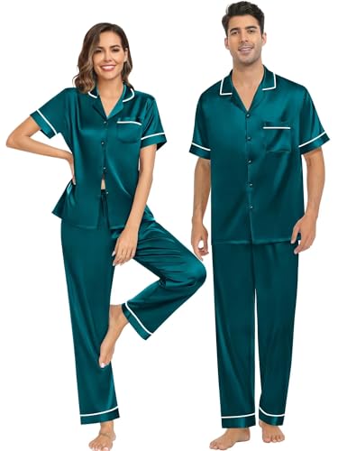 Couple Pajama Sets Silk Satin Sleepwear Short Sleeve and Long Pants Pjs Set Soft Loungewear Classic Pajamas