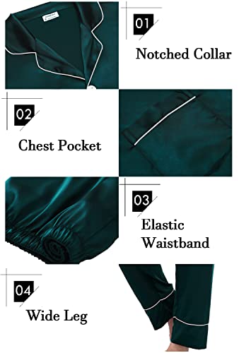 Couples Matching Pajamas Sets Women & Men Silk Satin Long Sleeve Button Down Sleepwear 2 Pcs Classic Loungewear Women Deep Green