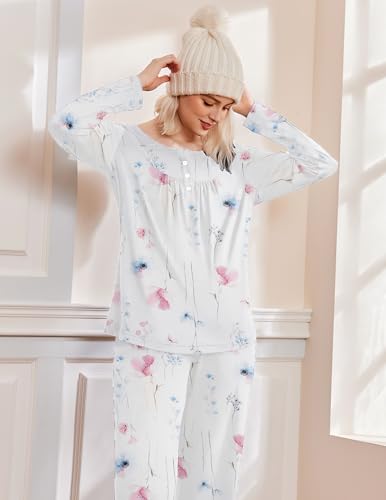 Pajamas for Women Set Fall Long Sleeve Pjs 2 Piece Lounge Set Top & Pants with Pockets Soft Sleepwear S-XXL