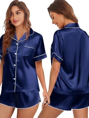 Womens Silk Satin Pajamas Set Short Sleeve Sleepwear Button Down Top and Shorts Loungewear 2 Piece Pjs Set S-XXL