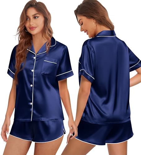 Womens Silk Satin Pajamas Set Short Sleeve Sleepwear Button Down Top and Shorts Loungewear 2 Piece Pjs Set S-XXL