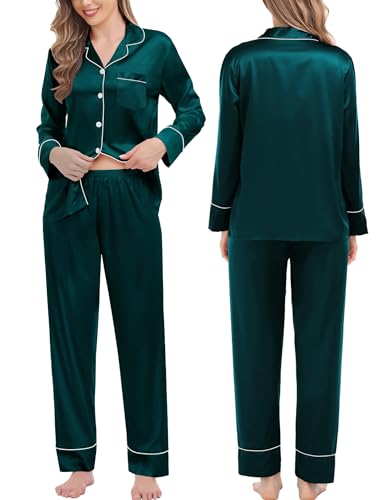 Couples Matching Pajamas Sets Women & Men Silk Satin Long Sleeve Button Down Sleepwear 2 Pcs Classic Loungewear Women Deep Green