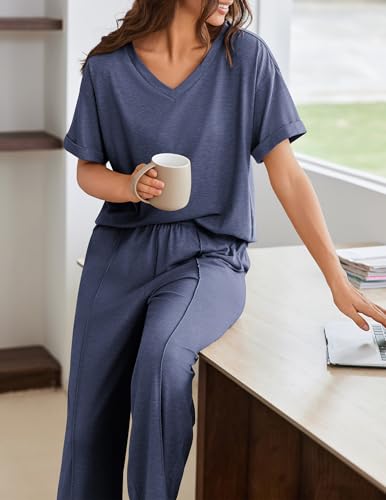 Pajamas for Women Set 2 Piece Short Sleeve Tops with Long Pants V Neck Soft Pjs Casual Lounge Set with Pockets