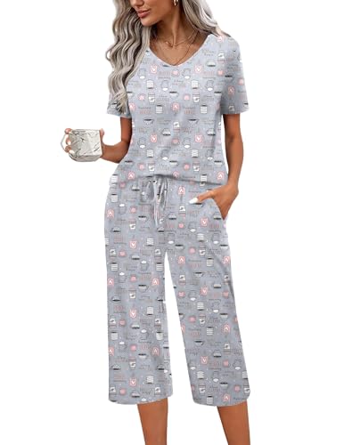 Womens Pajama Sets Soft Cotton Pj Short Sleeve Top with Capri Pants Sleepwear 2 Piece Print Loungewear,S-XXL
