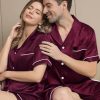 Couples Pajamas Women &Men Silky Satin Sleepwear Short Sleeve Button Down Pj Set Loungewear