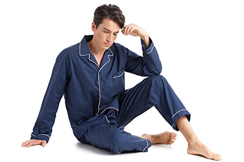 Men’s Cotton Pajama Set, Long Sleeve Button-Down Woven Sleepwear