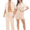 Matching Pajamas for Couples Satin Short Sleeve Sleepwear Women/Men Silk Soft Button Down Nightwear 2 Pcs Loungewear