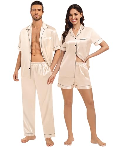 Matching Pajamas for Couples Satin Short Sleeve Sleepwear Women/Men Silk Soft Button Down Nightwear 2 Pcs Loungewear