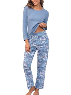 Women's Cotton Long-Sleeve Tops and Full-Length Pajama Set Two-Piece Pjs with Pockets SY008