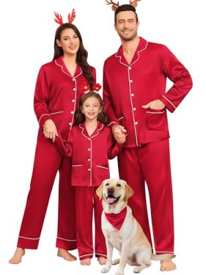 Matching Family Pajamas Set Women & Men & Kids Silk Satin Pjs 2 Pcs Long Sleeve Button Down Sleepwear with 2 Pockets(Men, A-Red,