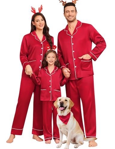 Matching Family Pajamas Set Women & Men & Kids Silk Satin Pjs 2 Pcs Long Sleeve Button Down Sleepwear with 2 Pockets(Men, A-Red,