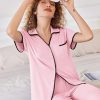 Women Pajamas Button Down Notch Collar Soft Short Sleeve Pjs with Long Pant Lounge Set