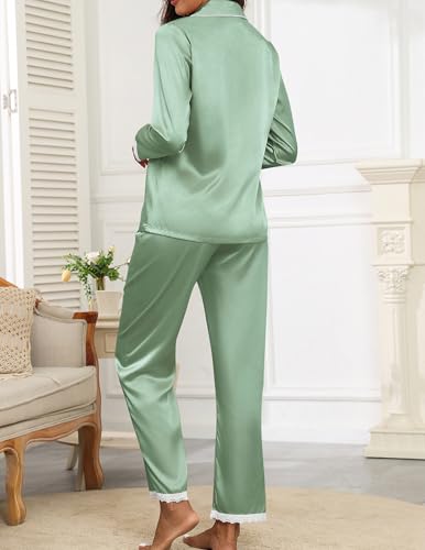 Satin Pajamas for Women Silk Long Sleeve Sleepwear Button Down Loungewear 2 Pieces Lace Soft Pjs Set