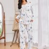 Womens Pajama Sets Pleated Tops with Long Pants Lounge Set Long Sleeve Fall Sleepwear Ladies Pjs S-XXL