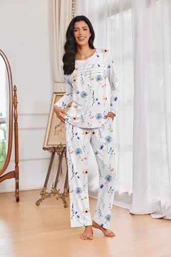 Womens Pajama Sets Pleated Tops with Long Pants Lounge Set Long Sleeve Fall Sleepwear Ladies Pjs S-XXL