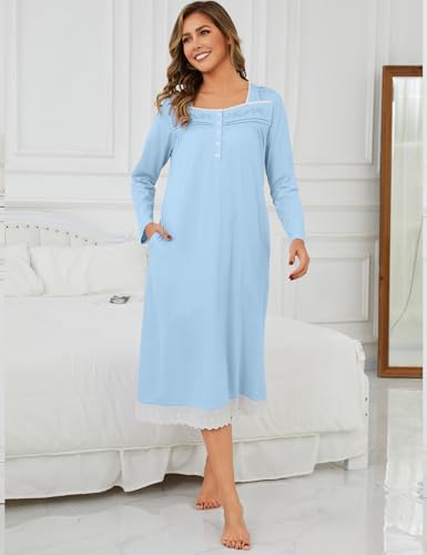 Nightgowns for Women Soft 100% Cotton House Dress Embroidery Long Sleeve Night Gowns Comfy Long Sleepwear