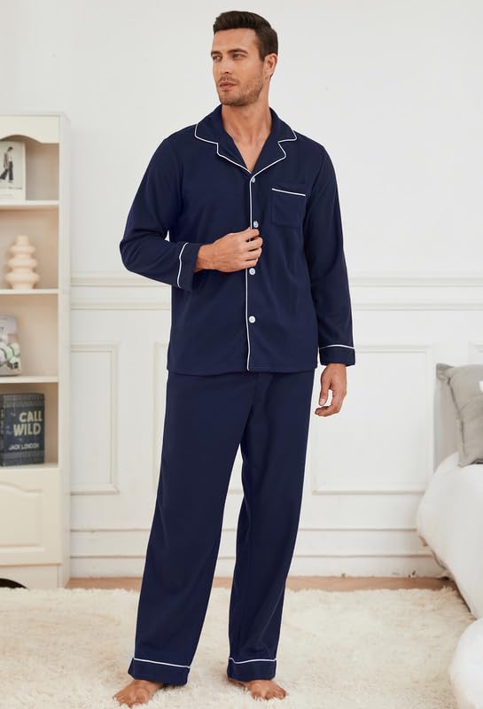 Mens Button Down Pajamas Set Soft Classic Lapel Sleepwear Long Sleeve Flannel Top & Pants Set