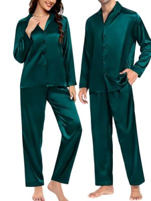 Couples Matching Pajamas Silk Satin Long Sleeve Button Down Sleepwear 2 Pcs Loungewear Mens & Womens Family PJs Set