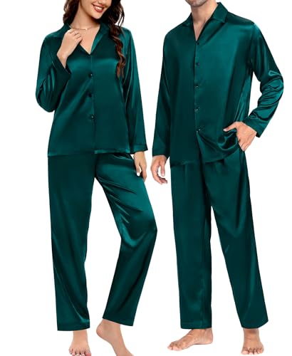 Couples Matching Pajamas Silk Satin Long Sleeve Button Down Sleepwear 2 Pcs Loungewear Mens & Womens Family PJs Set