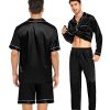 Mens Satin Silk Pajamas Set 3pcs Short Sleeve Sleepwear Silky Button Down Pjs Sets Classic Loungewear Nightwear