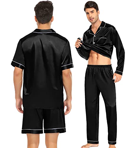 Mens Satin Silk Pajamas Set 3pcs Short Sleeve Sleepwear Silky Button Down Pjs Sets Classic Loungewear Nightwear