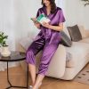 Womens Satin Pajamas Silk Capri Pjs 2 Piece Lounge Sets Short Sleeve Button Down Sleepwear