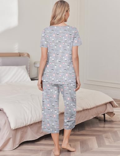 Womens Pajama Sets Soft Cotton Pj Short Sleeve Top with Capri Pants Sleepwear 2 Piece Print Loungewear,S-XXL