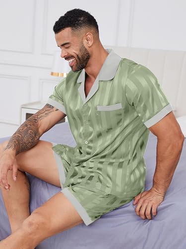 Mens Pajamas Set Satin Silk Pajama For Men Sleepwear Shorts Sexy Nightwear Button Down 2 Piece