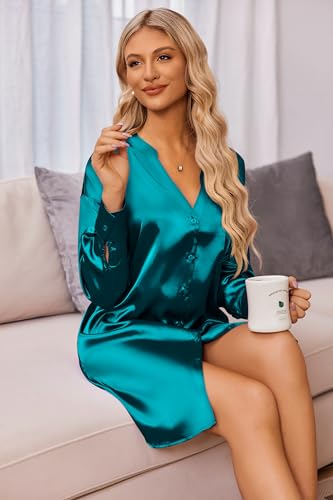 Women's Satin Nightgown Button Down Sleepshirt Silk Long Sleeve Nightshirt Boyfriend Sleepwear