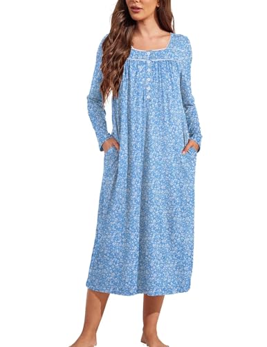 Womens Long Sleeve Nightgowns Long Sleep Shirts Henley Night Shirts Full Length Nightgown