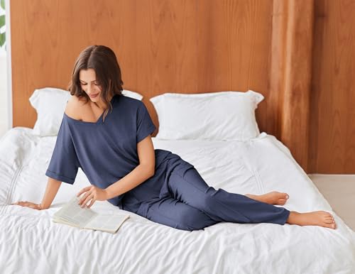 Pajamas for Women Set 2 Piece Short Sleeve Tops with Long Pants V Neck Soft Pjs Casual Lounge Set with Pockets
