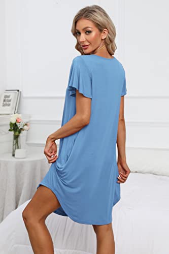 Women's Pleated Front Loose Fit Short Sleeve Nightgowns Sleep Dress with Hand Pockets (S - 5XL)
