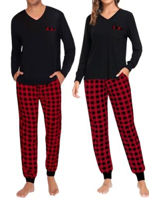 Adult Christmas Pajamas Buffalo Plaid Pajama Pants with Pockets Long Sleeve Tops for Couples & Family