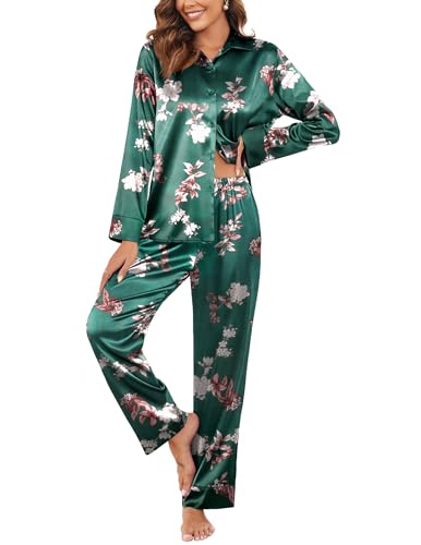 Classic Satin Pajamas for Women Long Sleeve Button Down Sleepwear Soft Silk Loungewear Pjs Set S-XXL