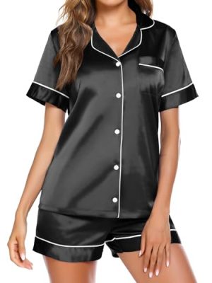 Pajamas for Women Set Silk Satin Pjs Button Down Sleepwear Summer Loungewear Top and Shorts Lounge Set S-XXL