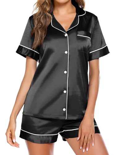 Pajamas for Women Set Silk Satin Pjs Button Down Sleepwear Summer Loungewear Top and Shorts Lounge Set S-XXL