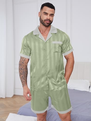 Mens Pajamas Set Satin Silk Pajama For Men Sleepwear Shorts Sexy Nightwear Button Down 2 Piece