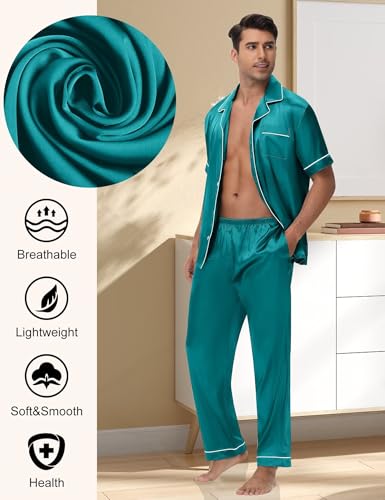 Mens Silk Pajama Set Satin Pjs Short Sleeve Button Down Sleepwear Classic Loungewear Set With Pants S-3XL
