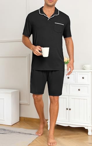 Mens Pajamas Set Summer Pjs Sets Lightweight Short Sleeve Pajama Soft Sleepwear Loungewear with Pockets