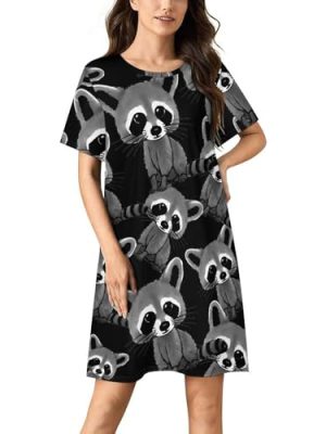 Cute Raccoon Nightgowns for Women Sleepwear Short Sleeve Sleep Dress Nightshirt