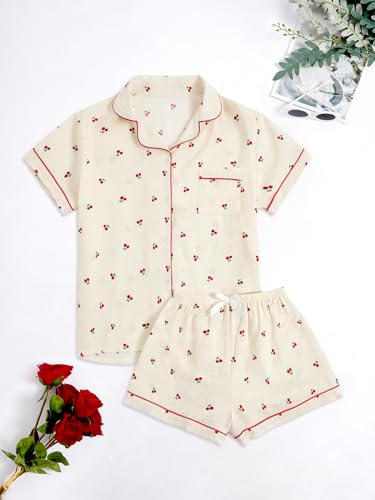 Women's 2 Piece Pajama Sets Lightweight Fall Pajamas Cute Pj Set Button Shirt with Shorts Lounge Pjs