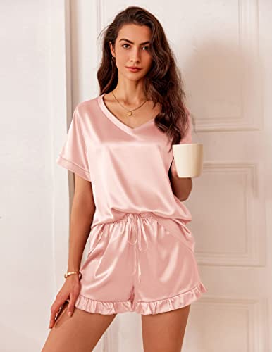 Satin Pajamas for Women Short Sleeve Silk Sleepwear 2 Piece Pjs Set with Ruffled Shorts Casual Loungewear