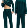 Couples Matching Pajamas Sets Women & Men Silk Satin Long Sleeve Button Down Sleepwear 2 Pcs Classic Loungewear Women Deep Green