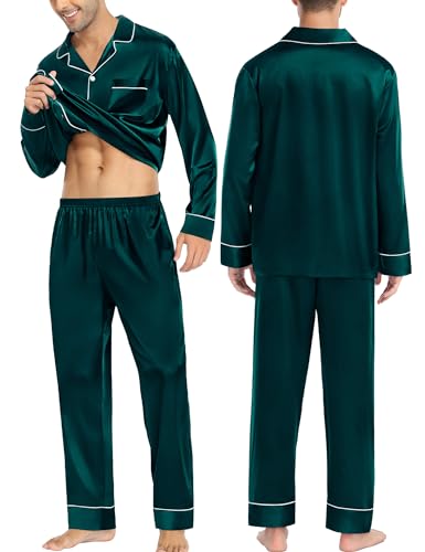 Couples Matching Pajamas Sets Women & Men Silk Satin Long Sleeve Button Down Sleepwear 2 Pcs Classic Loungewear Women Deep Green