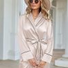 Satin Lounge Sets for Women 2 Pieces Silk Pajamas Set Long Sleeve Top with Pants Outfits with Belt